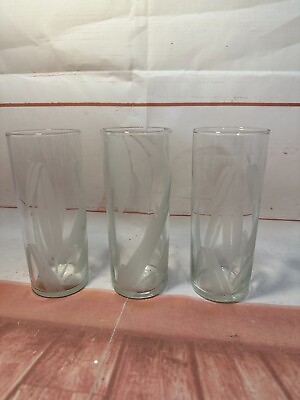 #ad 3 Vintage Etched Crystal Tall Tom Collins Glasses Wheat Bamboo Cattail EUC $19.88