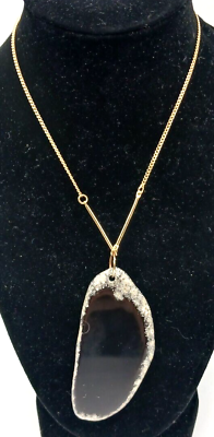 #ad Black Onyx Agate Slice Pendant Necklace 26quot; Chain 3quot;x1.5quot; Stone $16.75