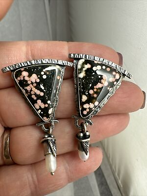 #ad Gorgeous agate sterling silver signed pierced earrings with genuine pearls $80.10