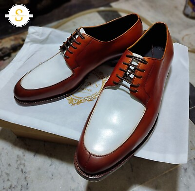 #ad Bespoke White Brown Pure Calf Leather Derby Lace Up Formal Handmade Men Shoes $179.99
