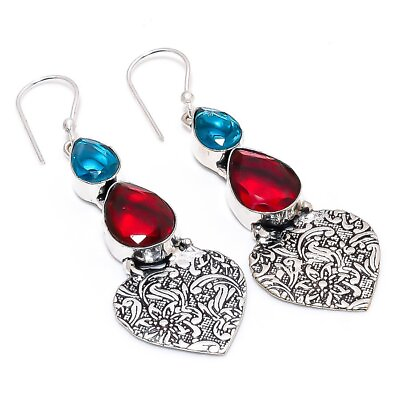 #ad Mozambique Garnet Blue Topaz 925 Sterling Silver Jewelry Earring 2.56 quot; $17.10