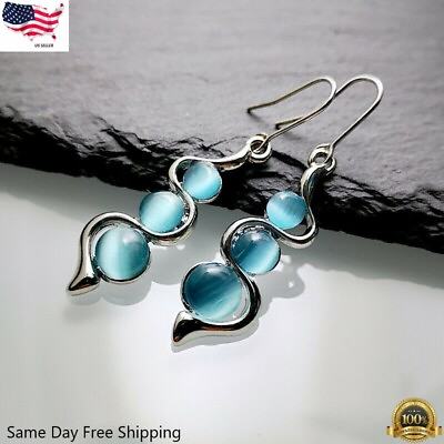 #ad 925 Silver Plated Drop Dangle Earrings Ear Hook Moonstone Gift A Pair Simulated $3.99