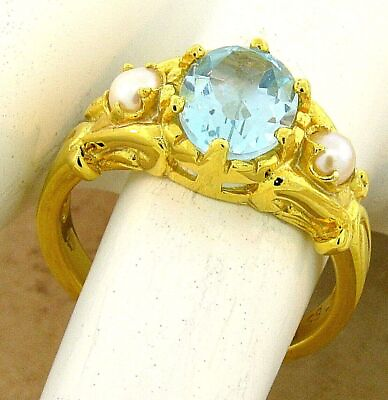 #ad GENUINE BLUE TOPAZ amp; PEARL 925 SILVER 24K GOLD PLATED ANTIQUE STYLE RING #1020 $30.99
