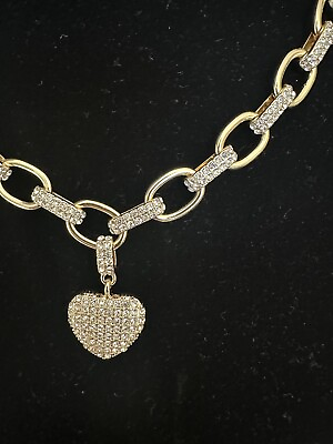 #ad Crystal Linked Chain Heart Crystal Pave Pendant Necklace Gold Color $69.00