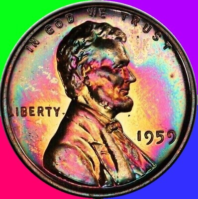 #ad 1959 Lincoln Cent PCGS EXOTICALLY RAINBOW TONED WILD COLORS $385.00