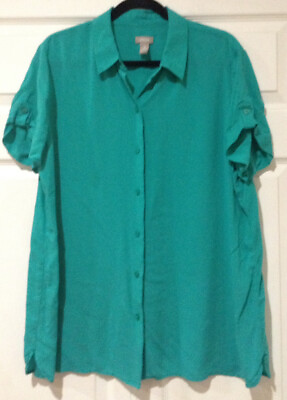 #ad Chico’s Sz 3 Womens Teal Button Down Soft Blouse w Roll Tab Sleeves $14.00
