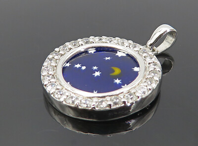 #ad 925 Sterling Silver Cubic Zirconia Bordered Moon amp; Stars Sky Pendant PT6343 $29.93