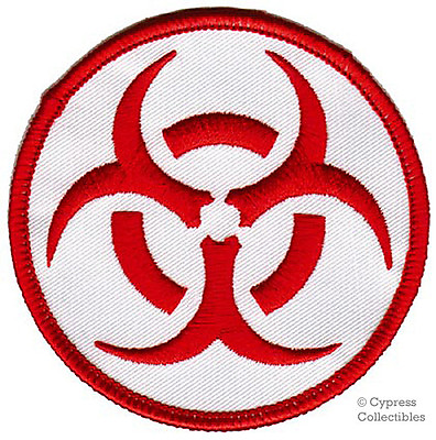 #ad BIOHAZARD SYMBOL embroidered iron on PATCH RED LOGO new TOXIC WARNING DANGER $4.95