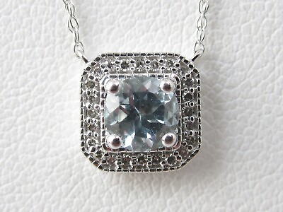 #ad Blue Topaz Diamond Necklace Halo 10K White Gold 18quot; Spring Ring Jewelry $150.00