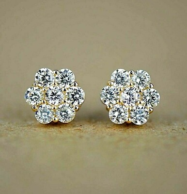 #ad Authentic Solid 14k Gold Cluster Stud Earrings with Sparkling White Stones $143.99