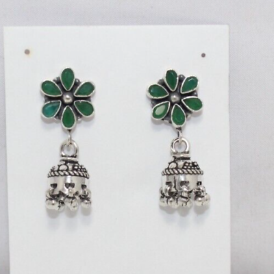 #ad Earrings Jhumki Silver 925 Sterling Green Onyx semi precious Stone Dangling Q31 $60.00
