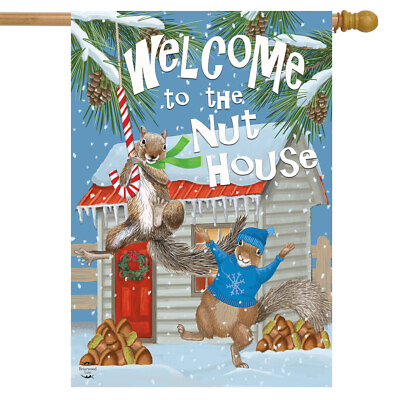 #ad Winter Nut House House Flag Squirrels Welcome 28quot; x 40quot; Briarwood Lane $15.99
