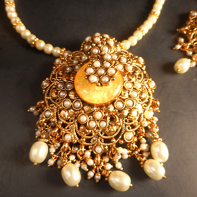 #ad Vtg Goldtone Faux Pearl Elaborate Necklace Bracelet Earrings Indian Wedding Set $52.50
