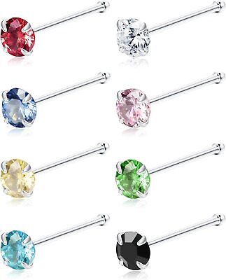 #ad 8Pcs 22G Sterling Silver Nose Rings Studs Pin for Women Men Mix Color Round Cz $35.50
