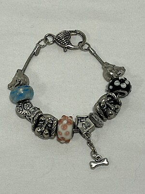 #ad RMN Dog Lover Charm Bracelet with dog charms glass beads and clasp RMN stamped $12.95