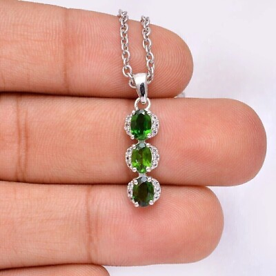 #ad 3 Stone Green Emerald Oval Cut 2.20Ct Women#x27;s Pendant 14K White Gold Plated $137.99