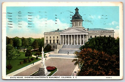 #ad Postcard State House Showing Confederate Monument Columbia SC Posted 1931 $5.50
