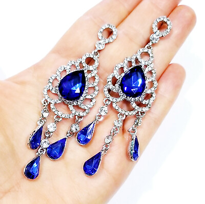 #ad Blue Rhinestone Drop Chandelier Earrings Bridal Prom 3.8 inch $37.39