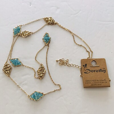 #ad Dorothy necklace Gold Tone Blue Seed Bead Diamond Shapes 36 40quot; Long NEW $16.02