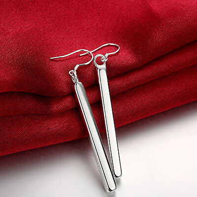 #ad Womens Plated Silver Long Vertical Bar Drop Dangle Fashion Hook Earrings $9.49