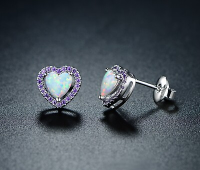 #ad 18K White Gold Plated Heart Stud Opal Earrings W Purple Amethyst By Peermont $8.99