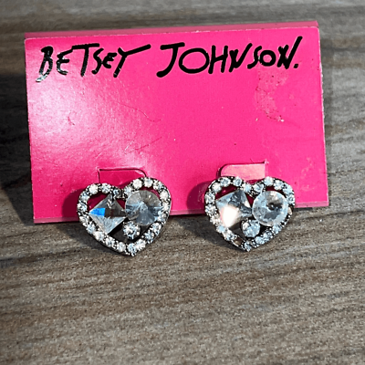 #ad Betsey Johnson Crystal Heart Stud Earrings SilverTone With Clear Rhinestones $22.00