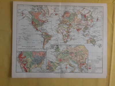 #ad 1893 GEOLOGICAL WORLD MAP Earth Surface Map Vintage ORIGINAL 11.5 x 9.5quot; C11 7 $24.90