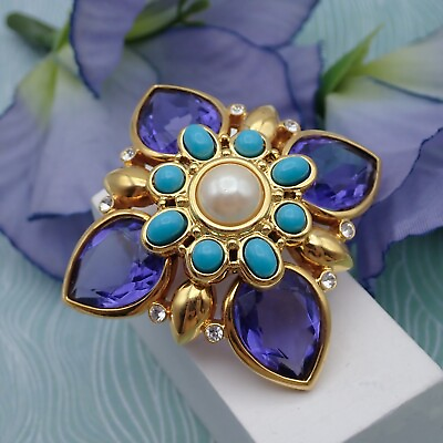 #ad Joan Rivers Purple Crystal Simulated Turquoise Interchangeable Maltese Cross Pin $49.95