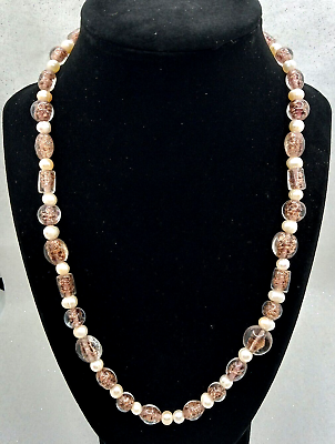 #ad Art Glass amp; Baroque Pearl Beaded Necklace Lampwork Copper Glitter Handmade 20quot; $17.96