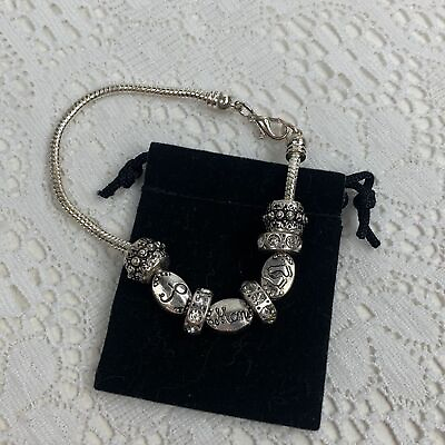 #ad Silver Charm Snake Bracelet 8 charms Mom Baby feet Rhinestones Hook Clasp 8” $31.59