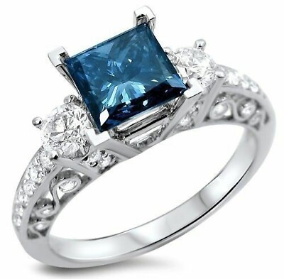 #ad 14k White Gold 1.60Ct Princess Lab Created Blue Diamond Engagement Bridal Ring $239.20