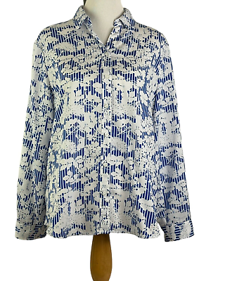 #ad Chico#x27;s 3 Button Front Blue White Floral Shirt Size XL 16 Roll Tab Sleeves $19.98
