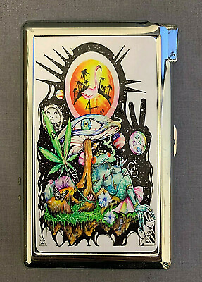 #ad Trippy Mushroom World Art Cigarette Case with lighter ID Holder Wallet $20.95