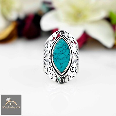 #ad Turquoise Oval Stone Ring 925 Sterling Silver Women Gift Ring Gemstone Ring $18.00