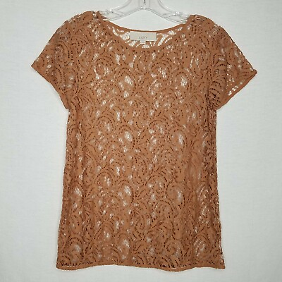 #ad Ann Taylor Loft Short Sleeve Lace Overlay Top Golden Brown Size XS G418P $9.95
