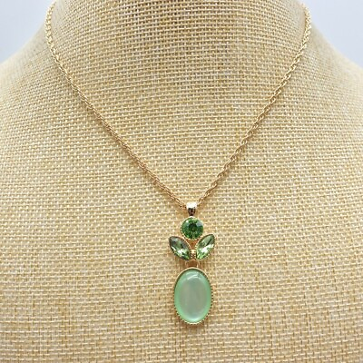 #ad Monet Necklace Green Oval Pendant Teardrop Crystals Dainty Delicate Rope Chain $11.99