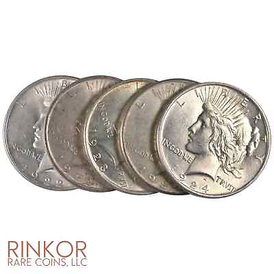 #ad 5 Coins 1922 1925 AU Peace Silver Dollar About Uncirculated 90% Silver $159.23