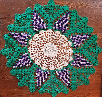 #ad Round Vintage Tablecloth Hand Crochet Topper Doily 39quot; Purple Grape Green White $25.00