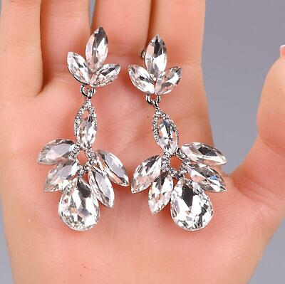 #ad 2.69quot; Silver Clear Tear Drop Rhinestone Prom Long Crystal Pageant Earrings $12.99