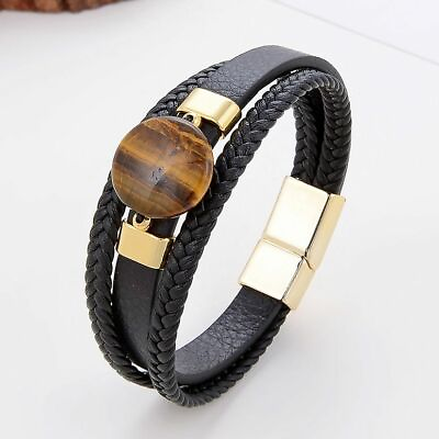 #ad Men Gemstone Charm Bracelet Multilayer Leather Chain Bangle Women Gift Bracelets $14.25
