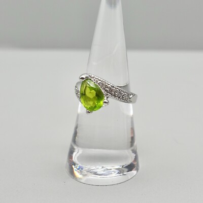 #ad Ring Cocktail Green Faux Peridot Pear Shaped Crystal Silver Tone Band Size 7 $11.99