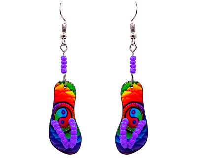 #ad Yin Yang Flip Flop Earrings Rainbow Pattern Graphic Beaded Beach Sandal Dangles $13.99