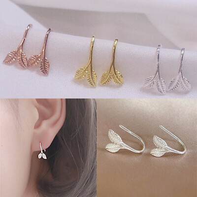 #ad 925 SilverGold PlatedRose Gold Plated Hoop Earrings Cute Women Leaf Jewelry C $2.57