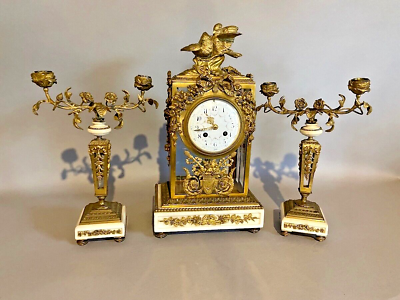 #ad Exquisite 19th Century Louis XVI Clock Set Bronze Crystal and Marble Trio $3780.00