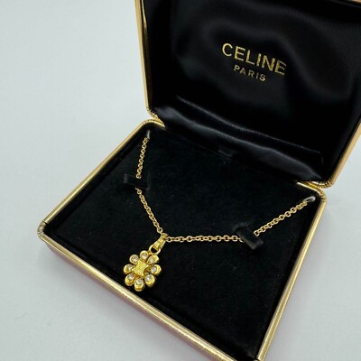 #ad Genuine CELINE Necklace Triomphe Stone Flower Gold Rare Box Japan 313 130 2 $300.00