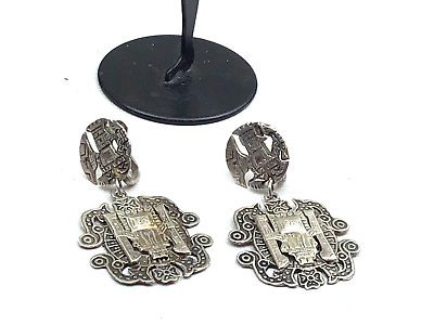 #ad Vintage Sterling Earrings Peru 925 Sterling JCHM Inca Pattern Screwback Drop $28.00