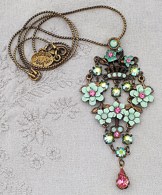 #ad Michal Negrin Necklace Crystal Flowers Drop Pendant Pink Green Victorian Retro $84.15