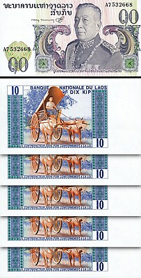 #ad Laos Lao 10 Kip 1974 UNC 5 Pcs LOT Consecutive P 15a Sign 6 King Savang $93.95