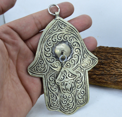 #ad Antique Tunisia Moroccan Judaica silver protecting Hamsa amulet Hand made $65.00