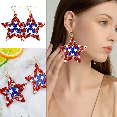 #ad Independence Day Earrings Red White And Blue Five Pointed Star Exaggerated $9.03